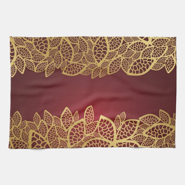 Golden leaf lace on red background towel (Horizontal)