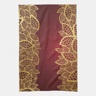 Golden leaf lace on red background towel
