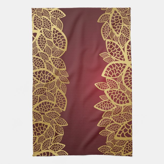 Golden leaf lace on red background towel (Vertical)