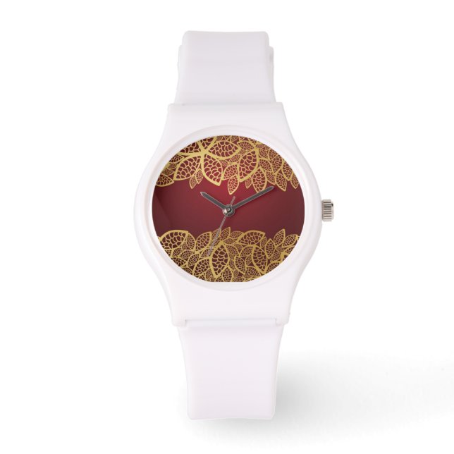 Golden leaf lace on red background watch (Front)