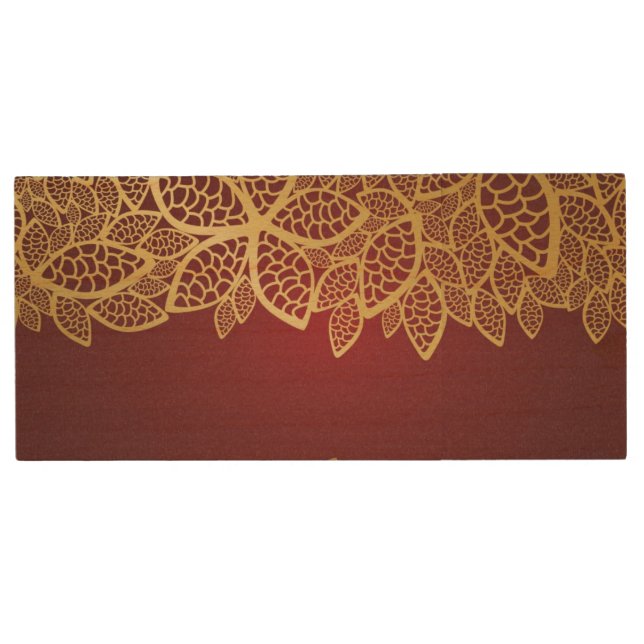 Golden leaf lace on red background wood flash drive (Front)
