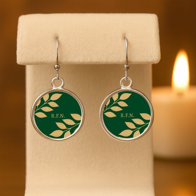 Golden Leaf Monogram Forest Green Charm Earrings (Creator Uploaded)