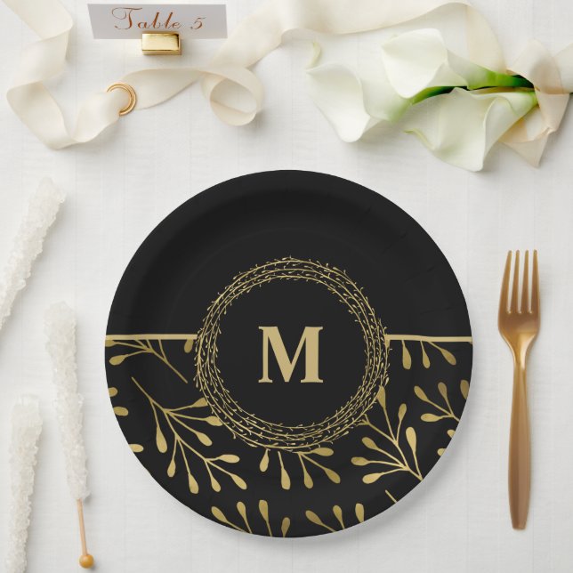 Golden Leaf Pattern Black & Gold Elegant Monogram Paper Plates (Wedding)
