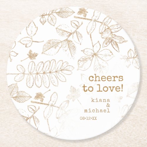 Golden Leaf Pattern Wedding Cheers to Love ID655 Round Paper Coaster