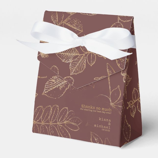 Golden Leaf Pattern Wedding Gold/Burgundy ID655 Favor Boxes (Front Side)