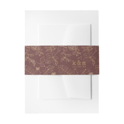 Golden Leaf Pattern Wedding GoldBurgundy ID655 Invitation Belly Band