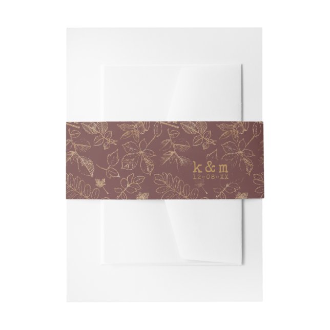 Golden Leaf Pattern Wedding Gold/Burgundy ID655 Invitation Belly Band (Front Example)