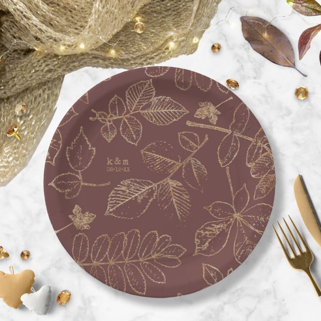 Golden Leaf Pattern Wedding Gold/Burgundy ID655 Paper Plates (Creator Uploaded)