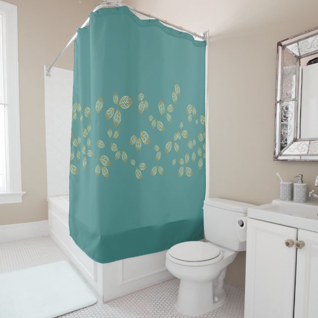 Golden Leaf Shower Curtain in Teal (In Situ)
