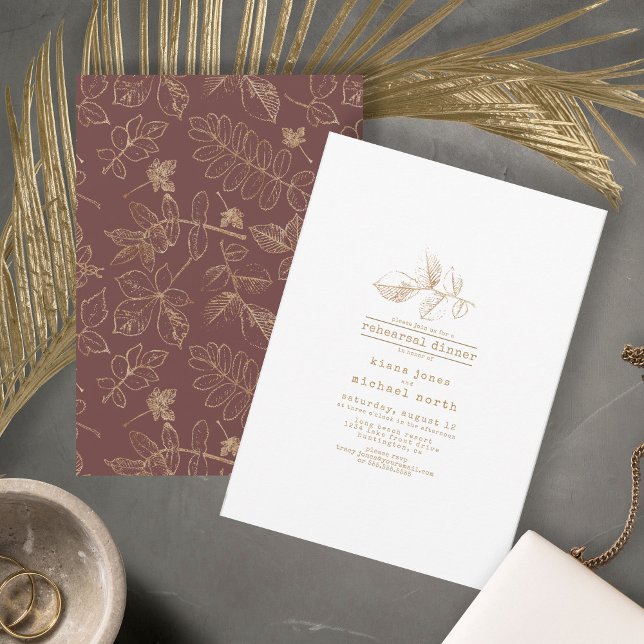 Golden Leaf Wedding Rehearsal Dinner Brgdy ID655 Invitation (Front/Back In Situ)
