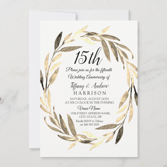 Golden Leaf Wreath 15th Wedding Anniversary Invite (Front)