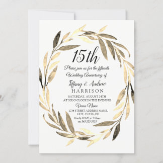 Golden Leaf Wreath 15th Wedding Anniversary Invite