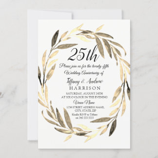 Golden Leaf Wreath 25th Wedding Anniversary Invite