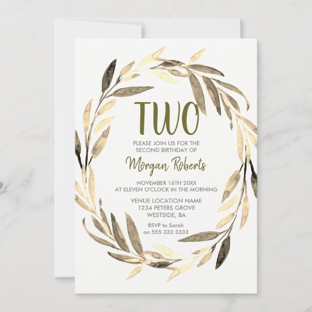 Golden Leaf Wreath 2nd Birthday Boy or Girl Invite (Front)