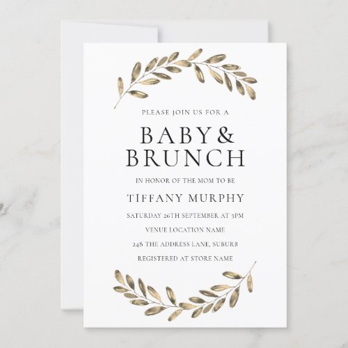 Golden Leaf Wreath Baby Shower Brunch Invite