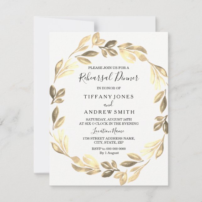 Golden Leaf Wreath Elegant Rehearsal Dinner Invitation (Front)