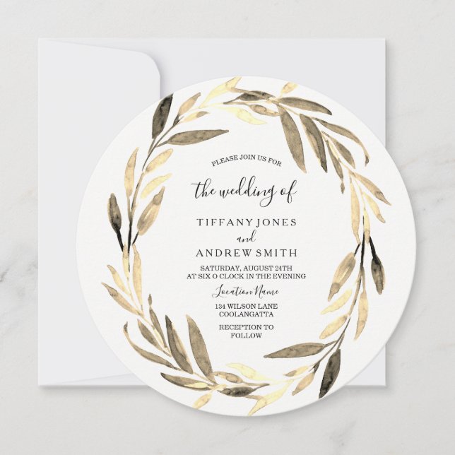 Golden Leaf Wreath Elegant Wedding Invitation (Front)