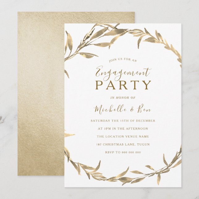 Golden Leaf Wreath Engagement Party Invitation (Front/Back)