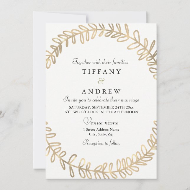 Golden Leaf Wreath Modern Wedding Invite (Front)