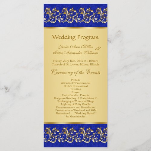 Golden leafy swirls on blue Wedding program card