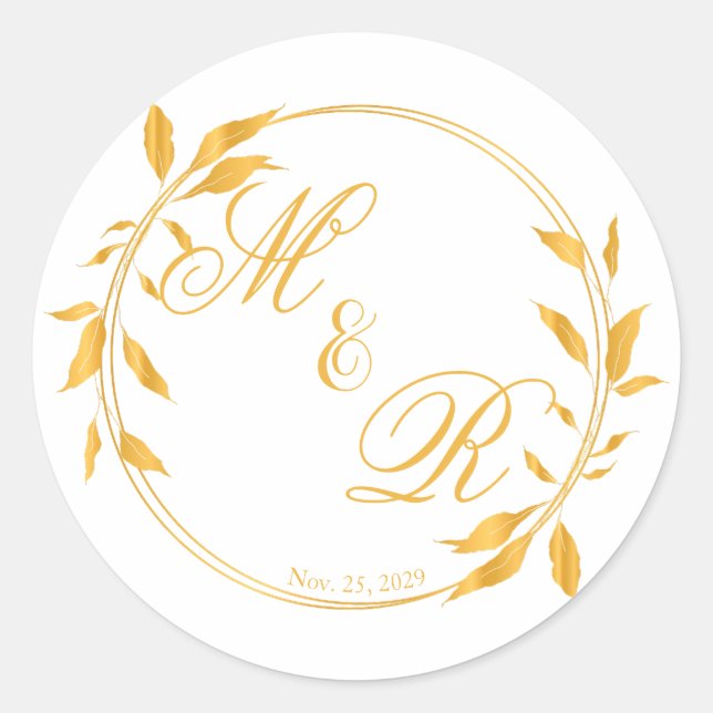 Golden Leafy Wreath Monogrammed Wedding Favor Classic Round Sticker (Front)
