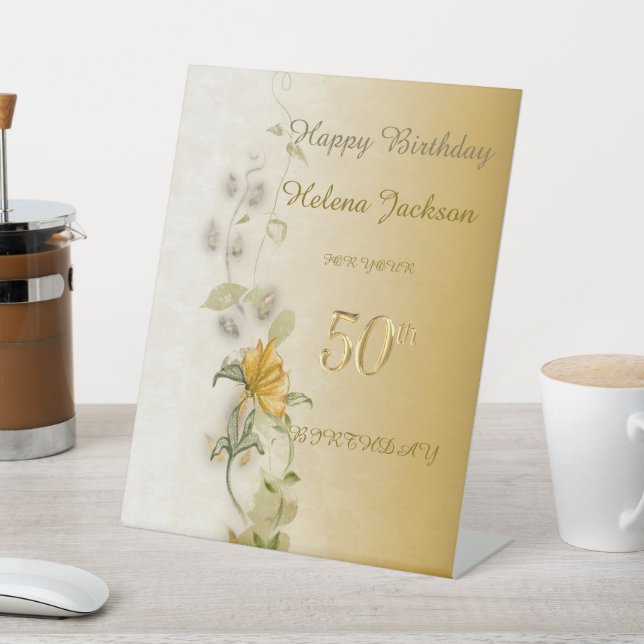 Golden leaves 50th birthday pedestal sign  (In SItu)