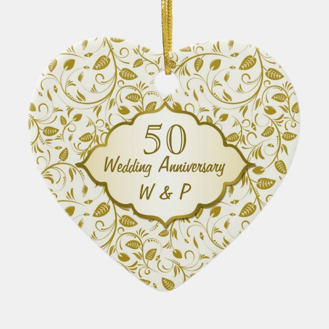 Golden leaves 50th Wedding Anniversary Ceramic Ornament (Front)