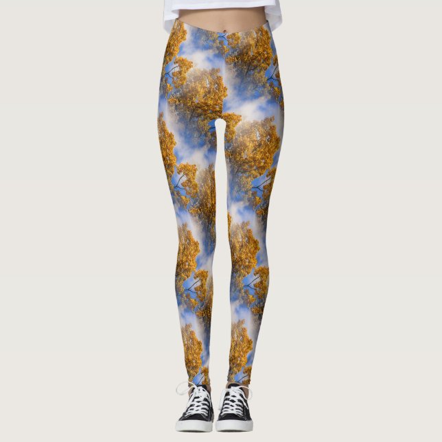 Golden Leaves Blue Sky Nature Pattern Leggings (Front)
