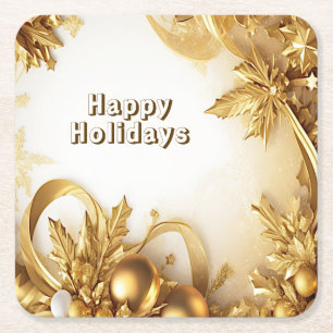 Golden Leaves Christmas Holiday Paper Coaster