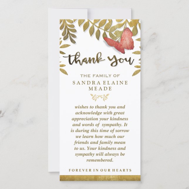 Golden Leaves Floral Butterfly Thank You Sympathy Card (Front)
