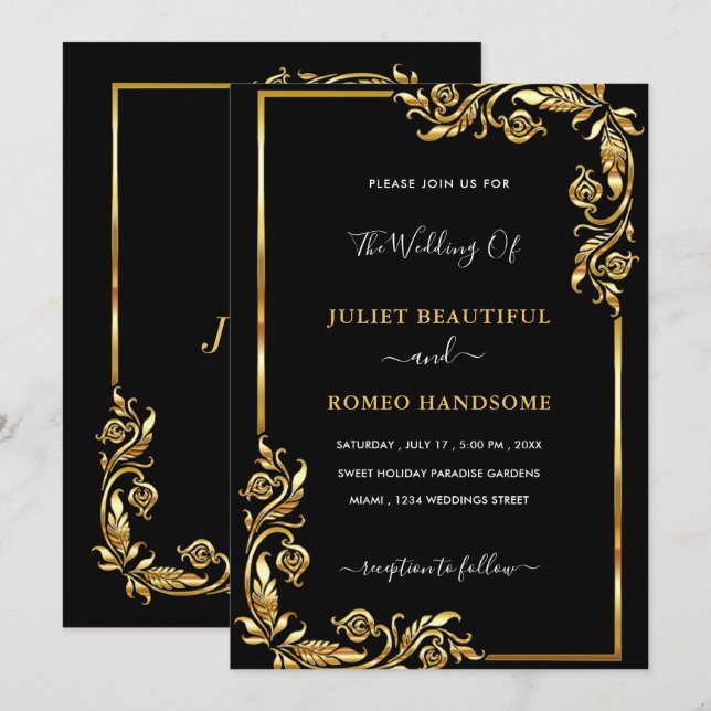 Golden Leaves Frame Black Gold Wedding Invitations (Front/Back)