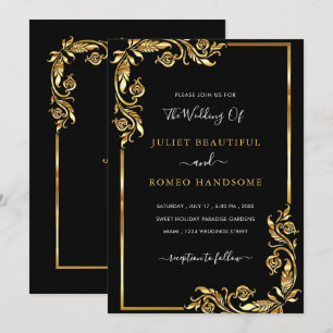 Golden Leaves Framed Black Gold Wedding Invitation
