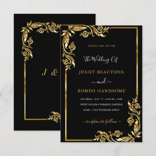 Golden Leaves Framed Black Gold Wedding Invitation