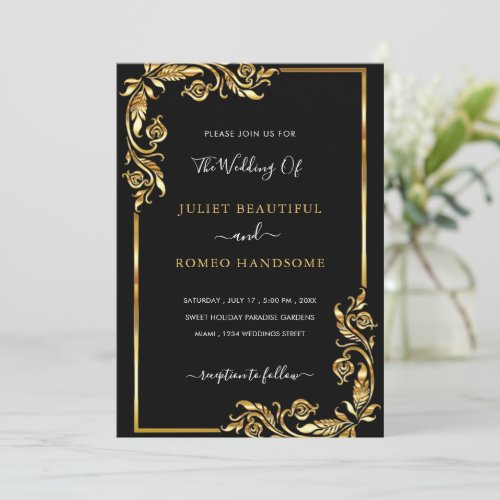 Golden Leaves Framed Black Gold Wedding Invitation