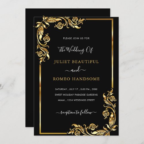 Golden Leaves Framed Black Gold Wedding Invitation