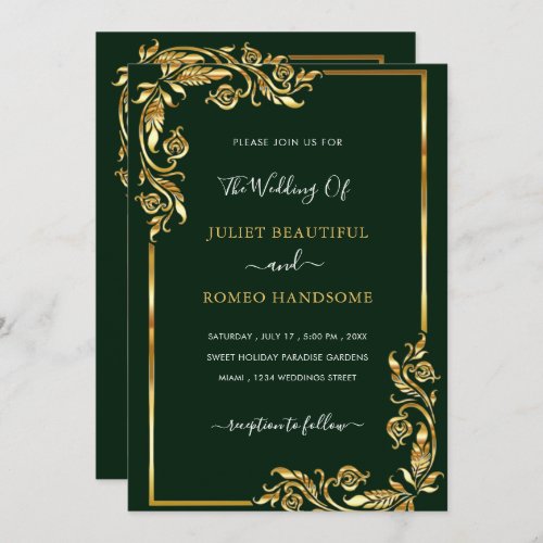 Golden Leaves Framed Green Gold Wedding Invitation