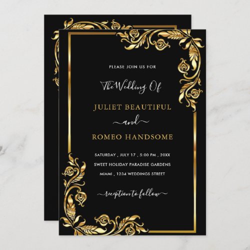 Golden Leaves Framed Wedding Invitation Black Gold