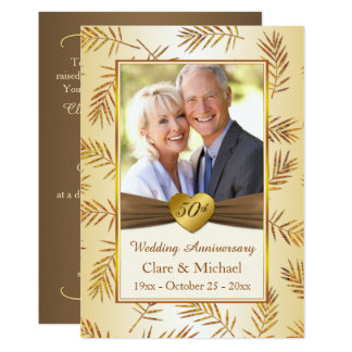 Golden leaves, heart 50th Wedding Anniversary Invitation
