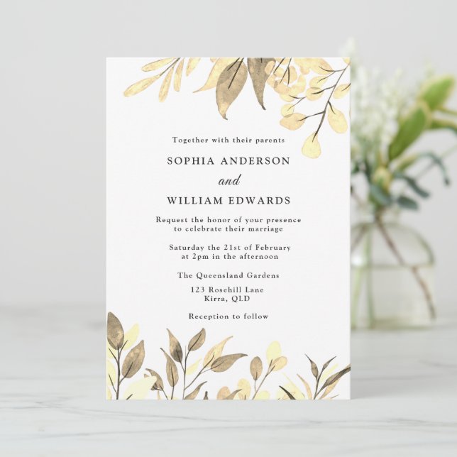 Golden Leaves Modern Gold Wedding Invitation (Standing Front)