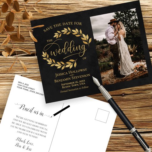 Golden Leaves on Black Photo Wedding Save the Date Announcement Postcard