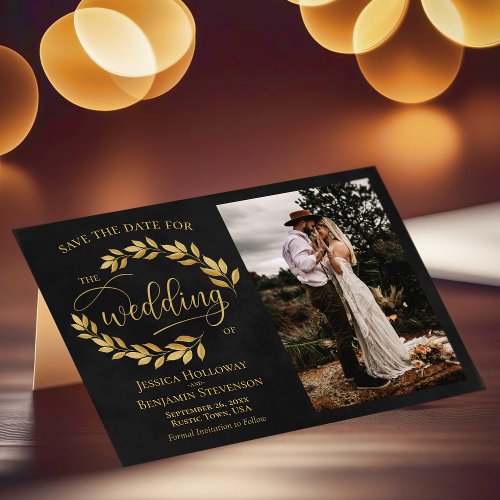 Golden Leaves on Black with Photo Rustic Wedding Save The Date