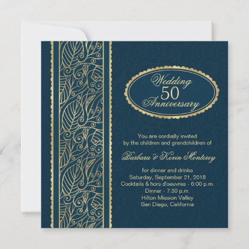 Golden leaves on blue 50th Wedding Anniversary Personalized Invite