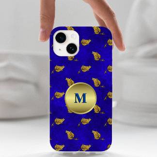 Golden Leaves on Blue Velvet Monogrammed Case-Mate iPhone 14 Case