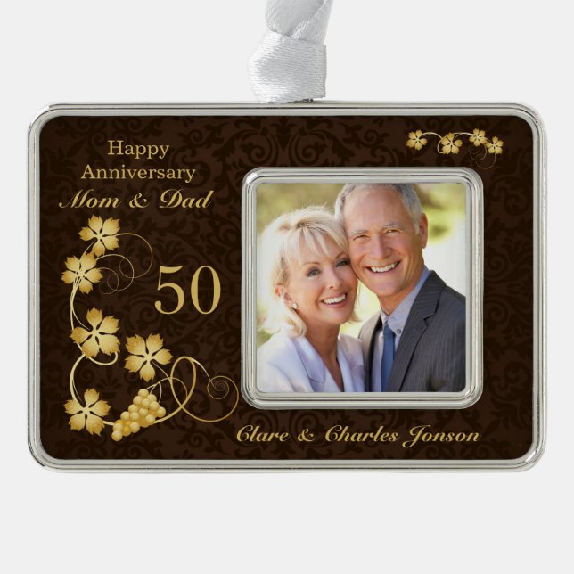 Golden leaves on brown 50th Wedding Anniversary Christmas Ornament (Front)