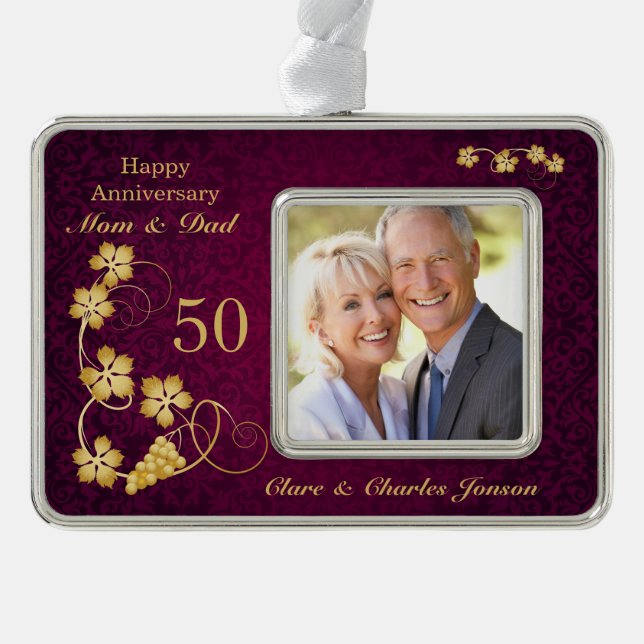 Golden leaves on purple 50th Wedding Anniversary Christmas Ornament (Front)