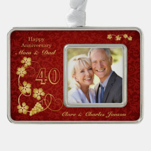 Golden leaves on red 40th Wedding Anniversary Christmas Ornament