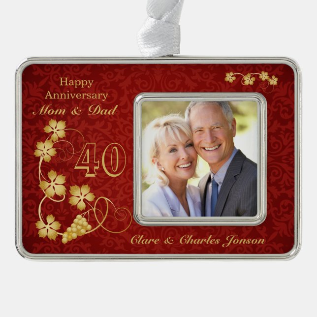Golden leaves on red 40th Wedding Anniversary Christmas Ornament (Front)