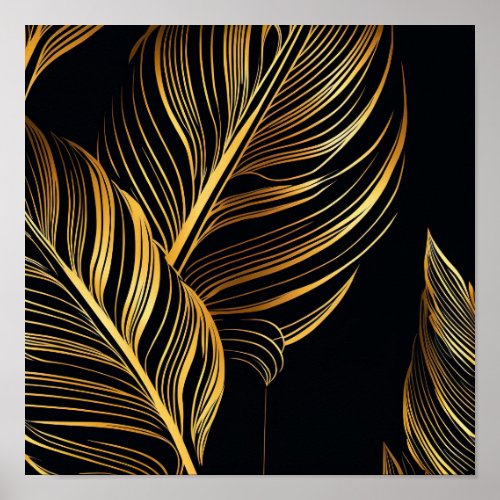 Golden leaves pattern on black background  poster