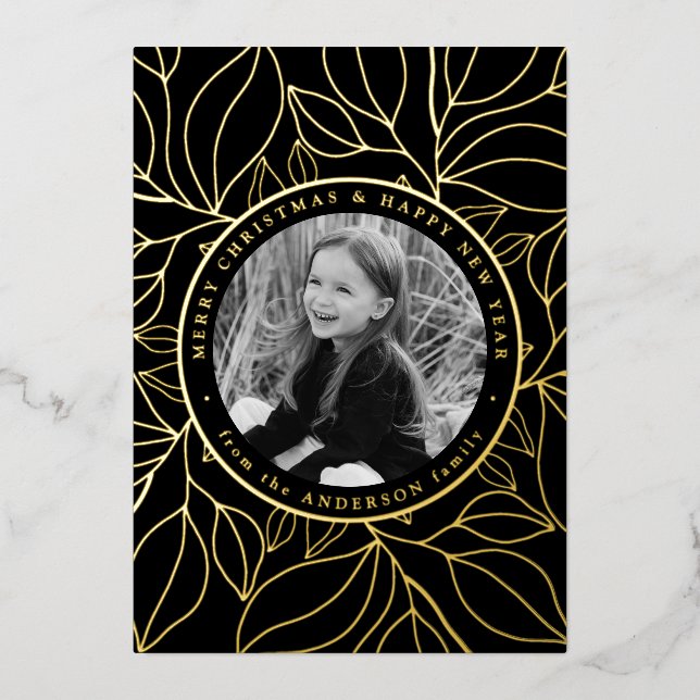 Golden Leaves Photo Foil Holiday Card (Front)