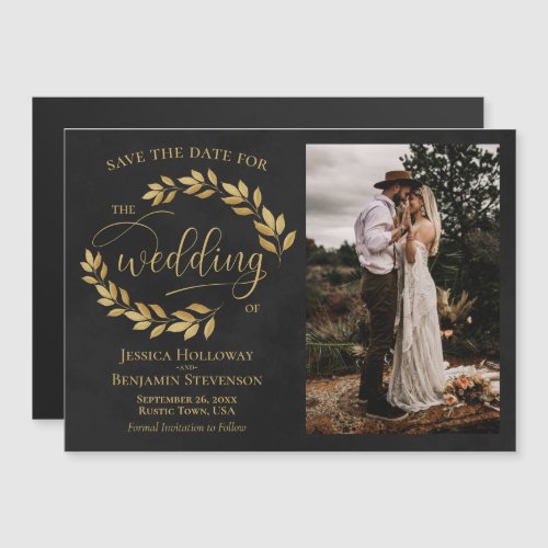 Golden Leaves  Photo on Black Save the Date Magnetic Invitation